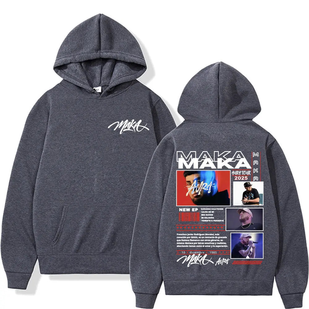 Rapper Maka Aura Tour 2025 Double Sided Print Hoodies Men Women Fashion Hip Hop Gothic Hoodie Casual Fleece Oversized Sweatshirt