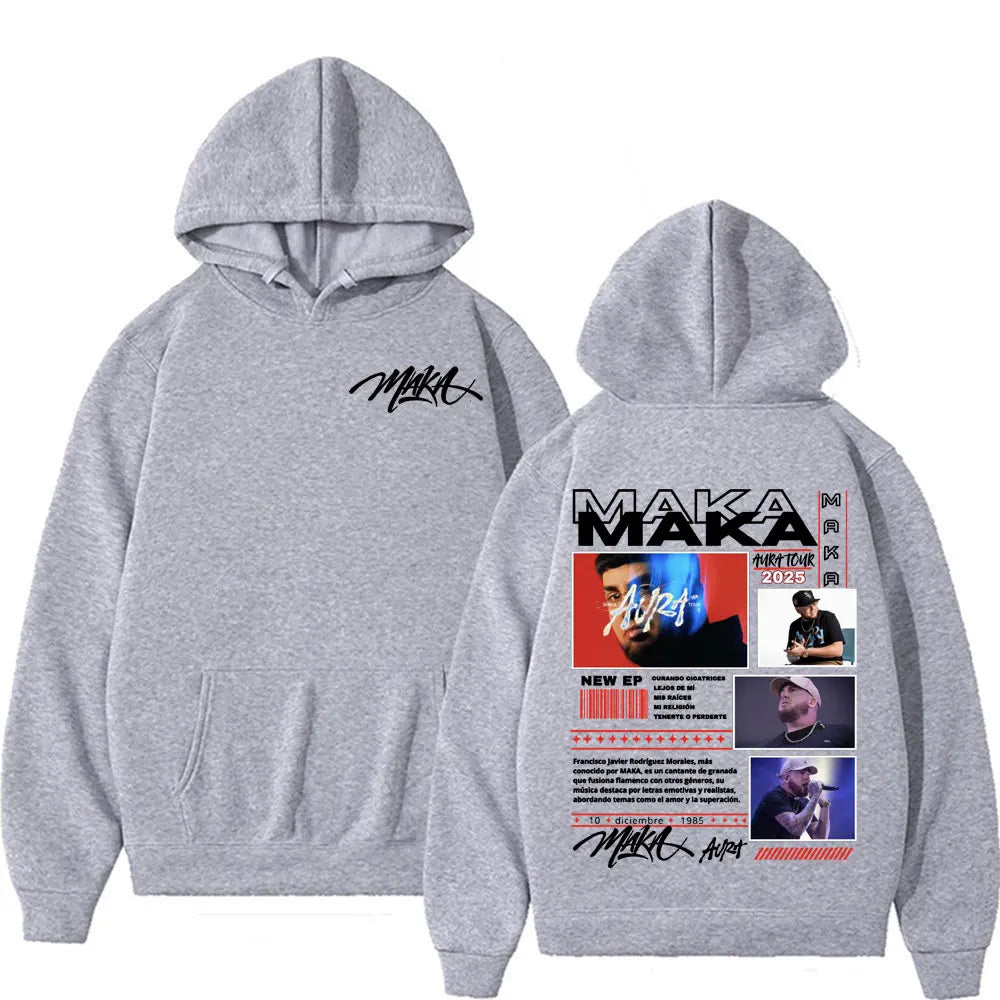 Rapper Maka Aura Tour 2025 Double Sided Print Hoodies Men Women Fashion Hip Hop Gothic Hoodie Casual Fleece Oversized Sweatshirt