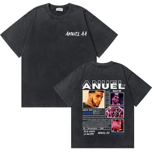 Washed Vintage Rapper Anuel AA Graphic Tshirt Men Women's Hip Hop Fashion T Shirts Men's Casual Oversized T-shirts Short Sleeve